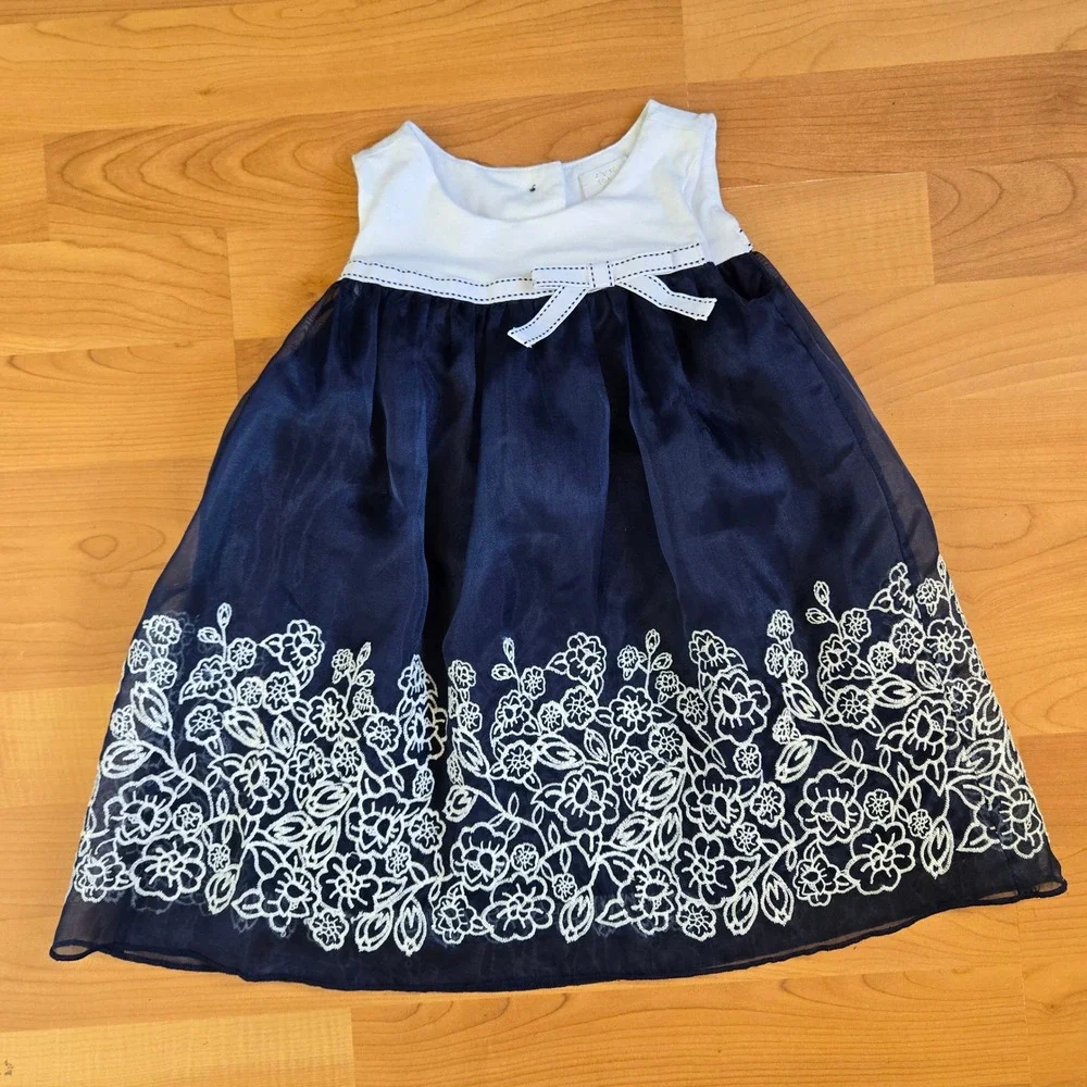 Navy Sheer Embroidered Floral Dress Size 24M Baby Toddler Classic‎ Formal Sweet